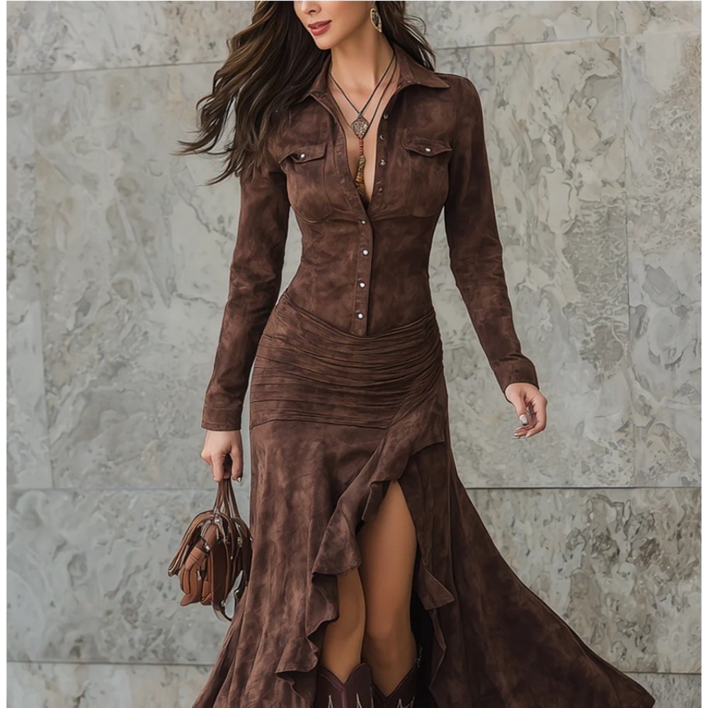Retro Irregular Ruffle Hem Maxi Dress